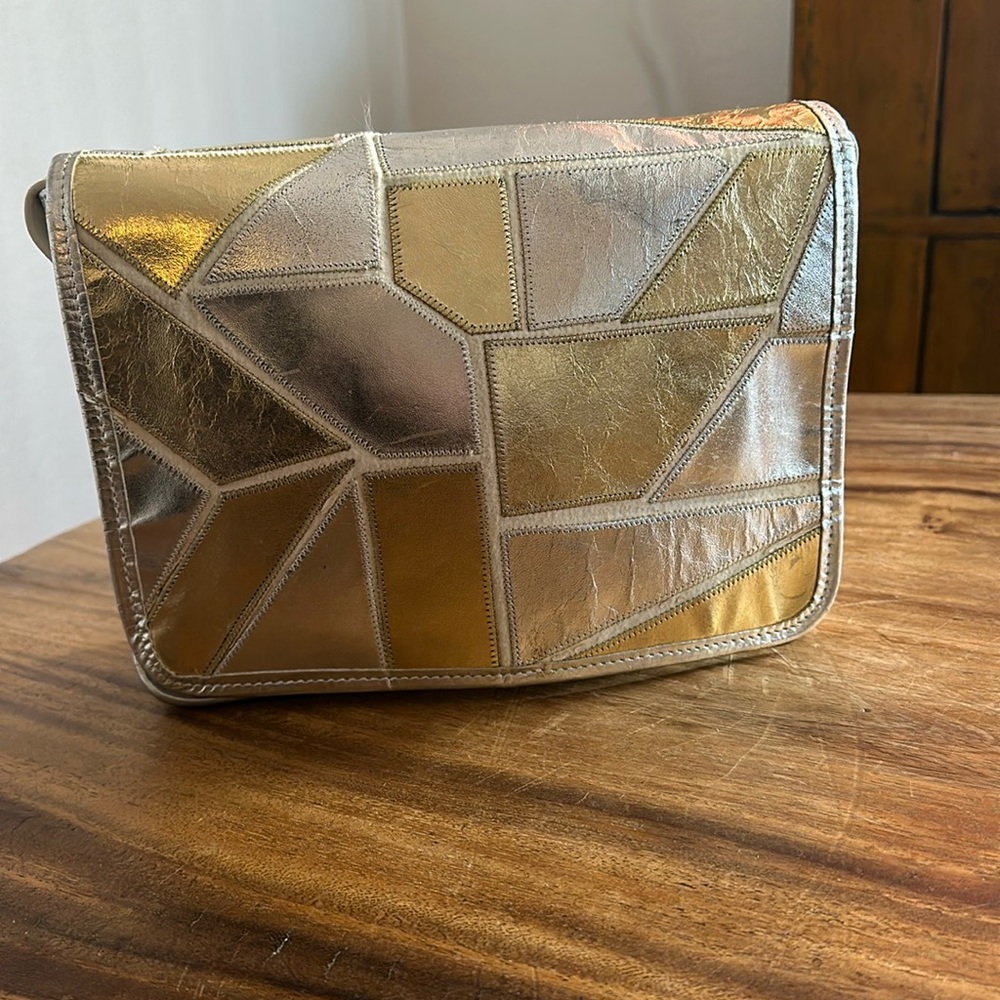 Unique Vintage Metallic Leather Patchwork  Crossbody Purse